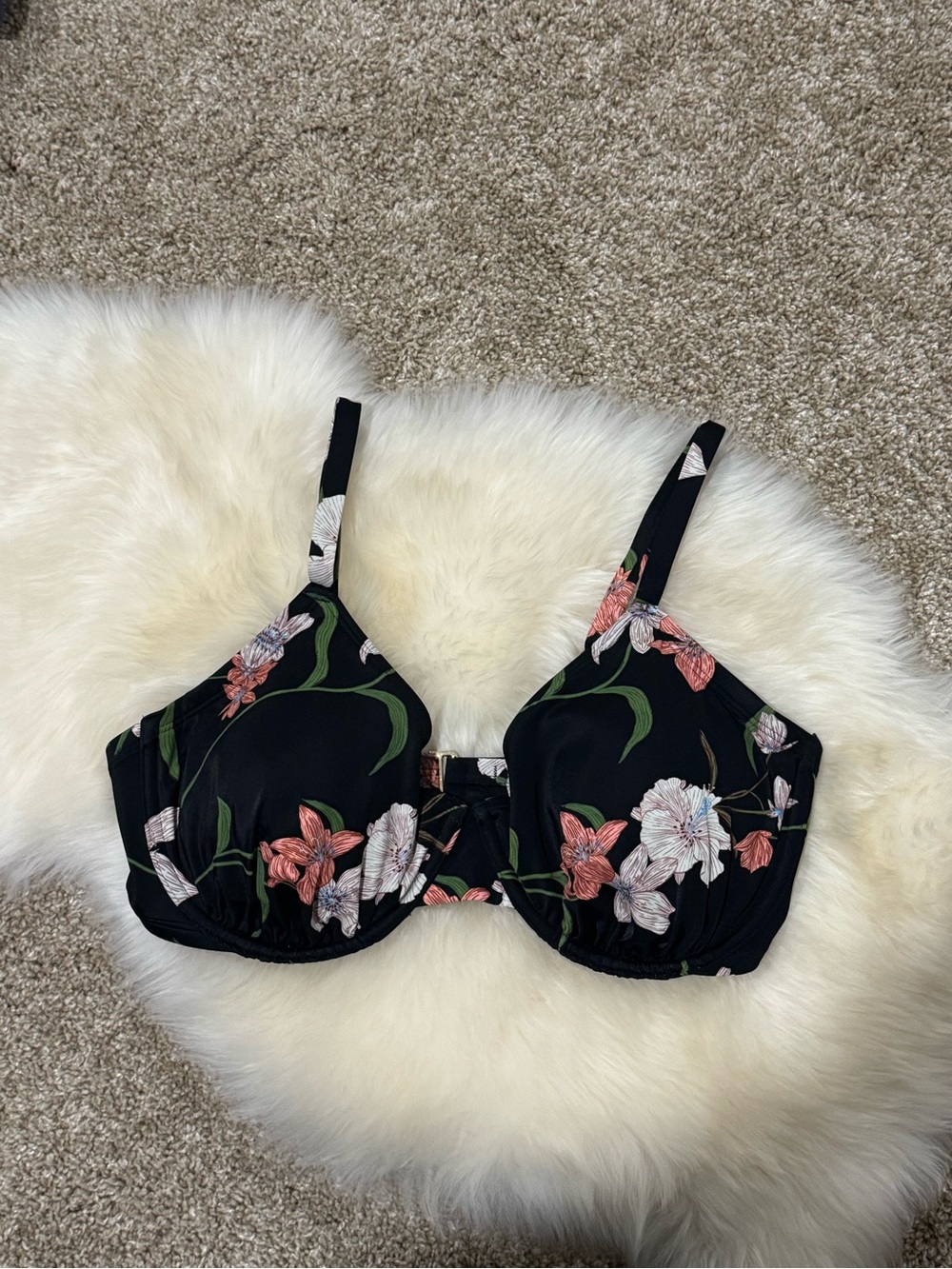 NWOT Shade & Shore Womens Floral Underwire Bikini Top Black Pink White Size 38DD